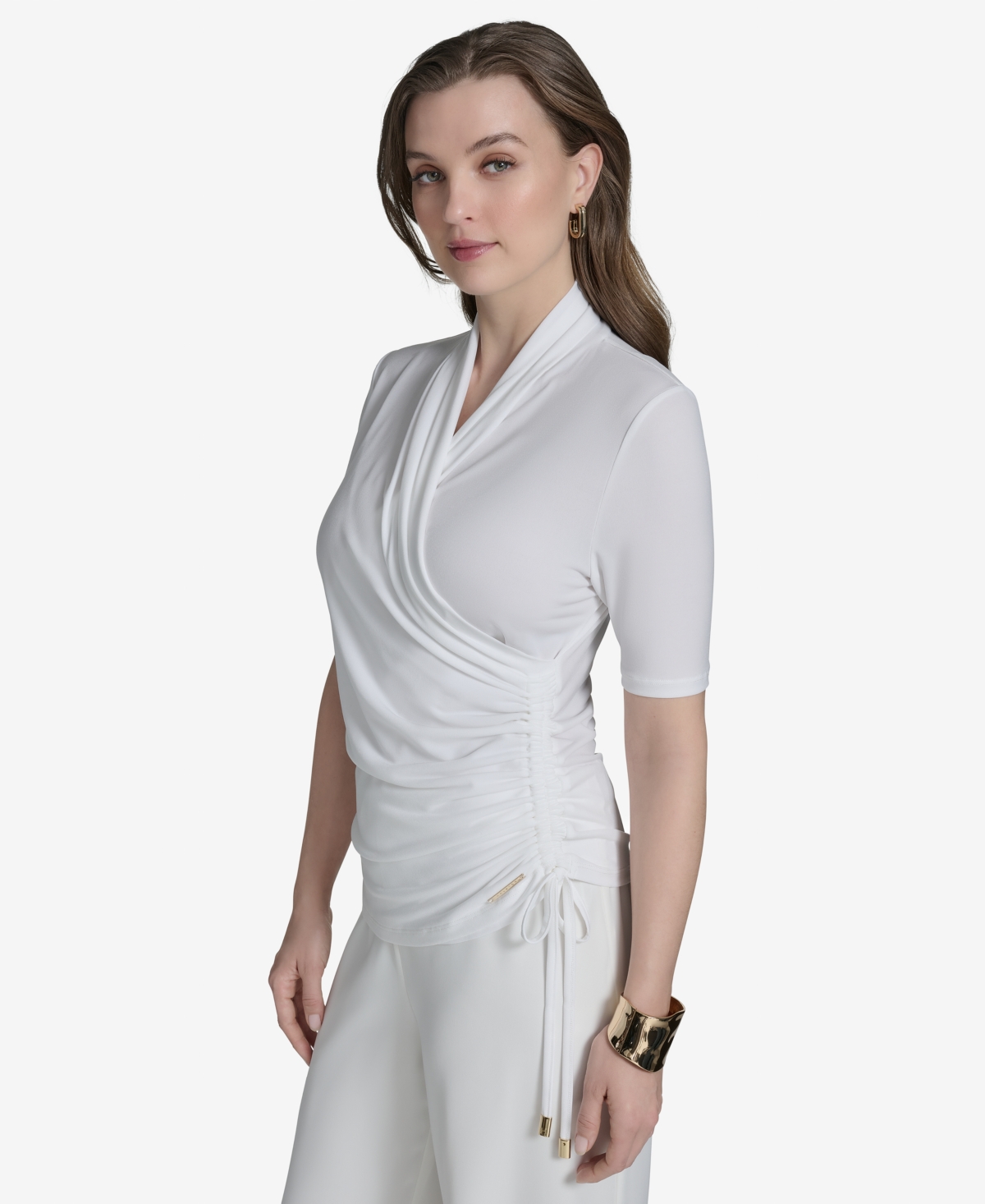 Shop Halston Women's Ruched Faux-wrap Top In White