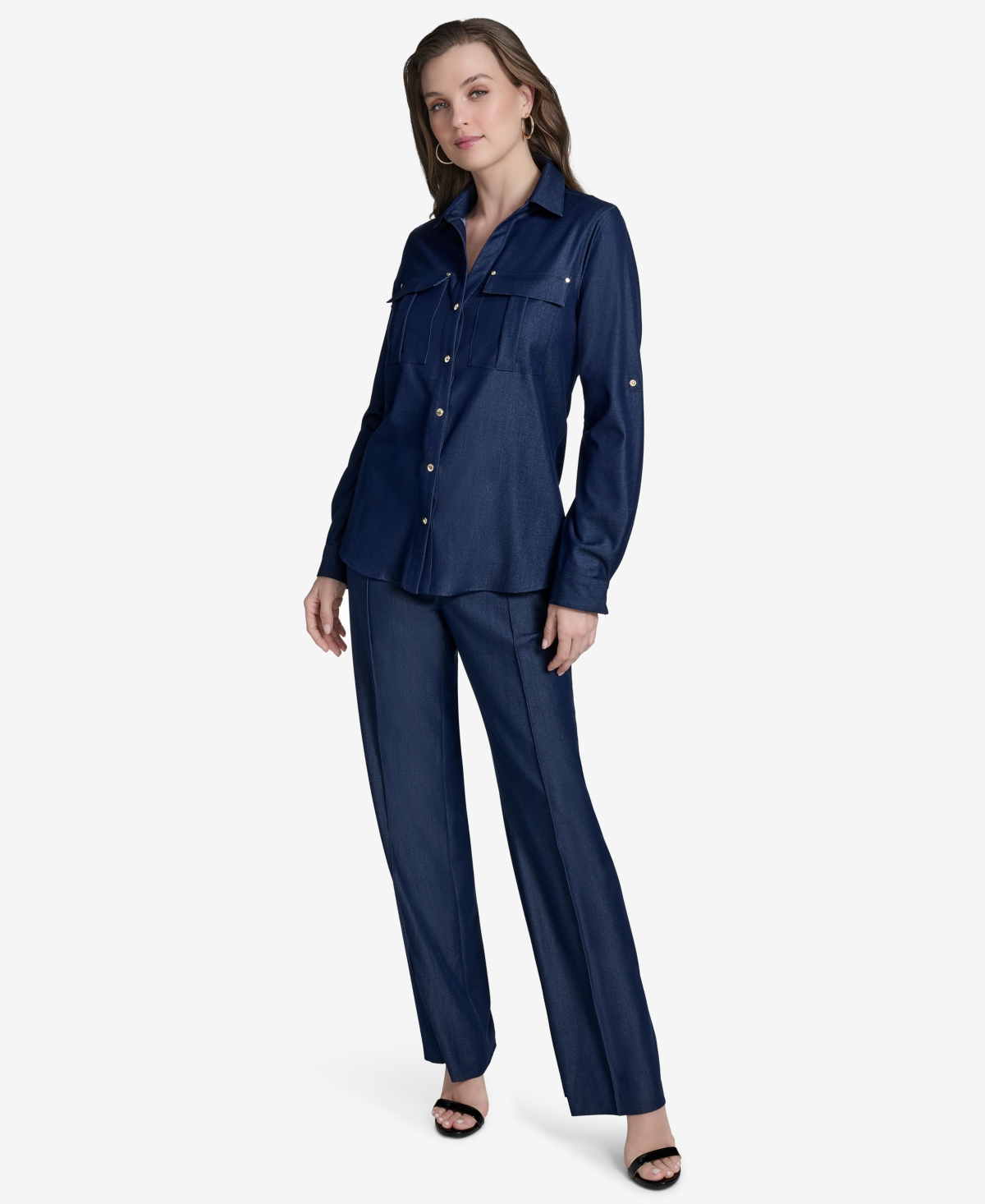 HALSTON WOMEN'S COLLARED ROLL-TAB-SLEEVE BUTTON-FRONT SHIRT 