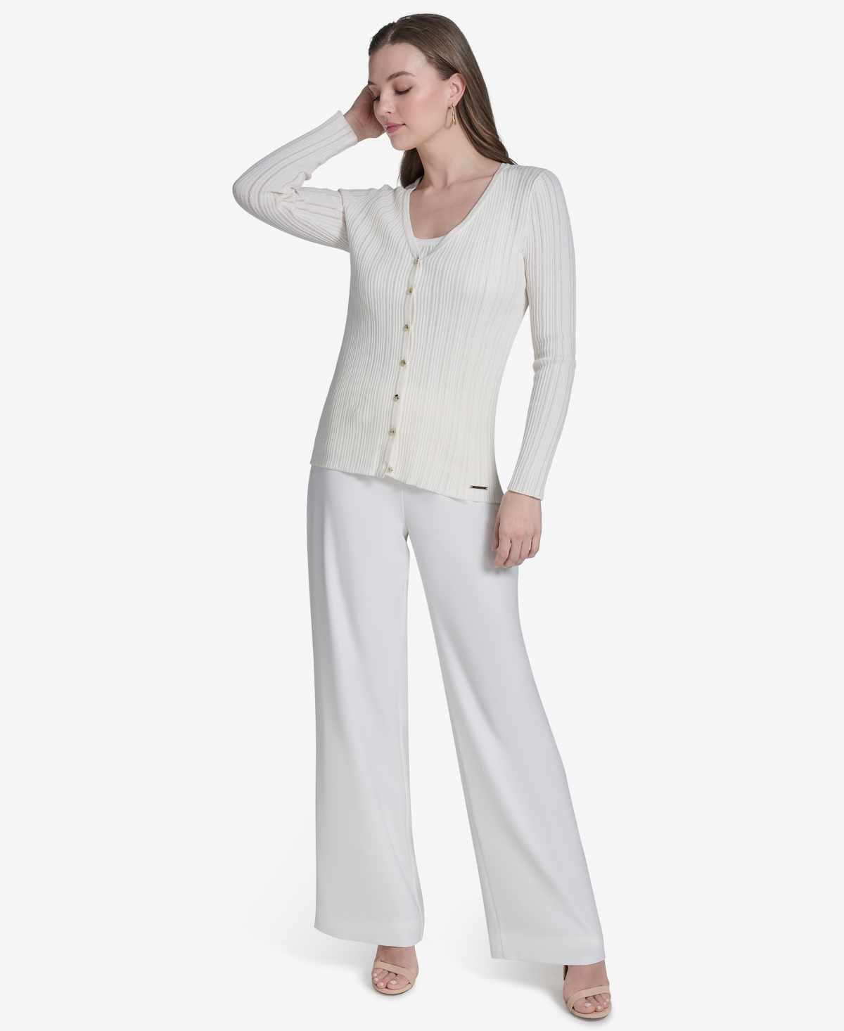 HALSTON WOMEN'S RIBBED KNIT BUTTON-FRONT CARDIGAN 