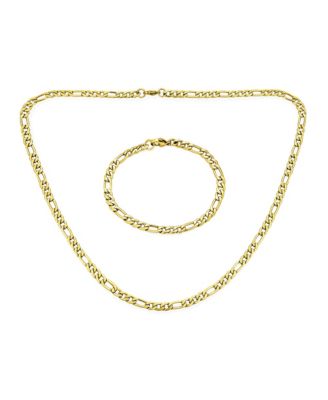 Flat Figaro Link 5MM Necklace & Bracelet Set Black Gold Tone Stainless Steel