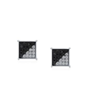 Geometric Black White CZ Stud Earrings , Sterling Silver, 8MM Square