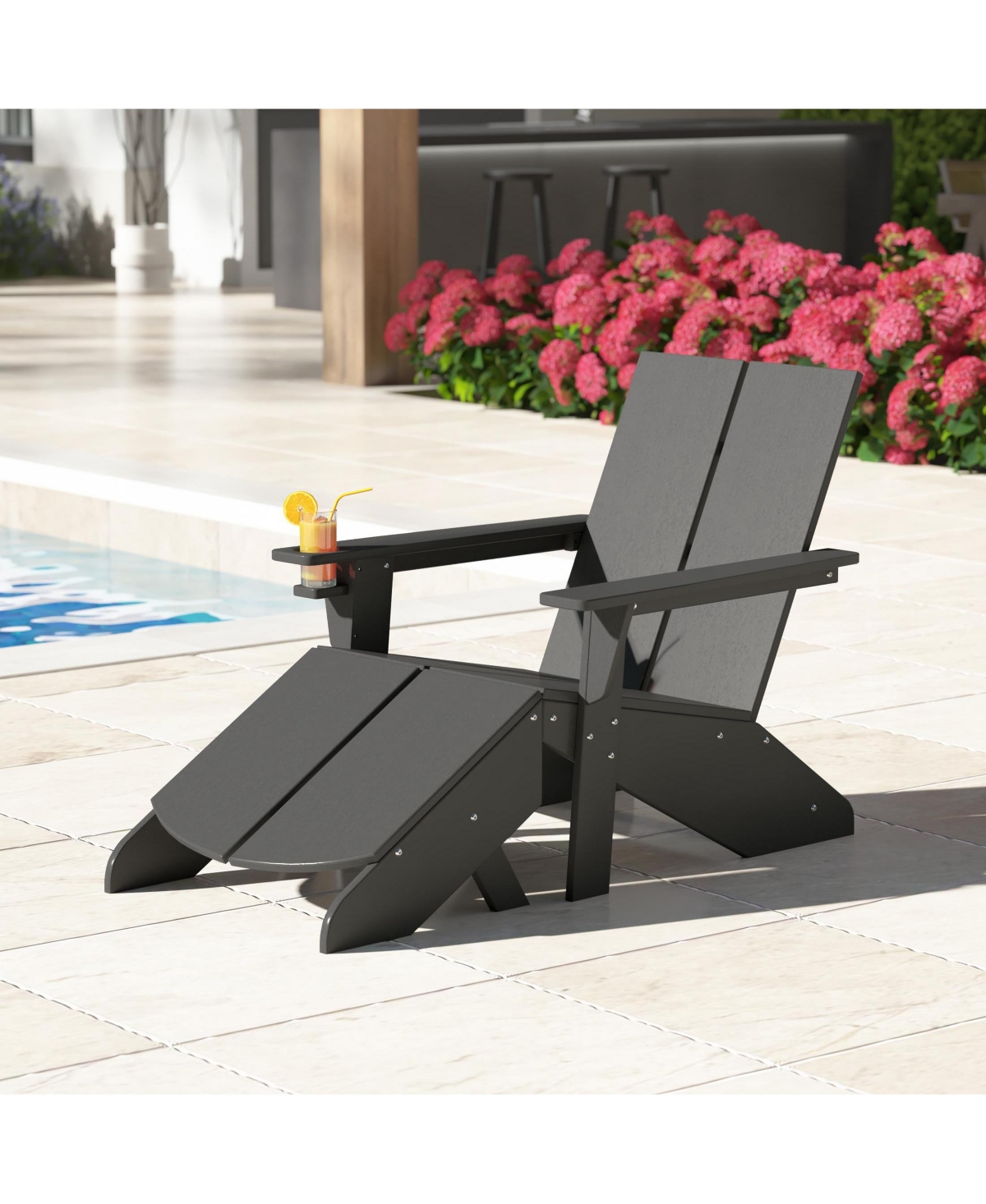 Outdoor Hdpe Modern Adirondack Chair with Folding Patio Ottoman and Cup Holder