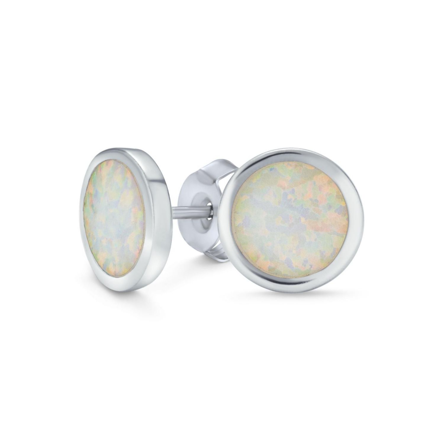 Created White Opal Round Stud Earrings Bezel Set .925 Sterling Silver 9MM