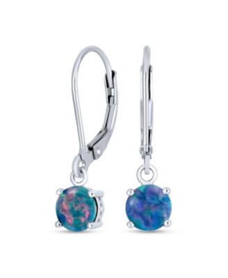 Round Solitaire Created Opal Lever back Drop Earrings .925 Sterling