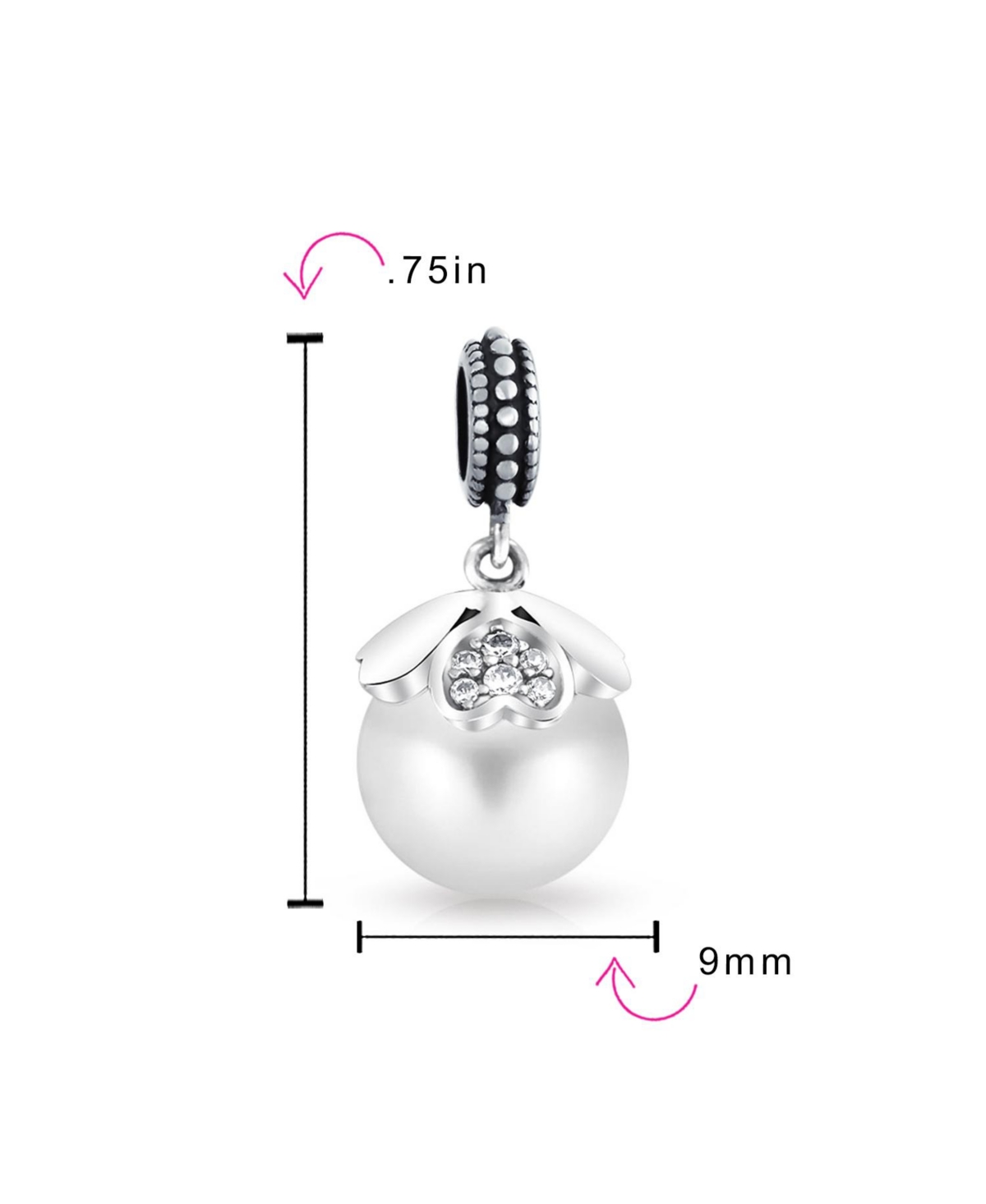 Bling Jewelry Heart Cap Pearl Dangle Charm Bead Sterling Silver European Bracelet