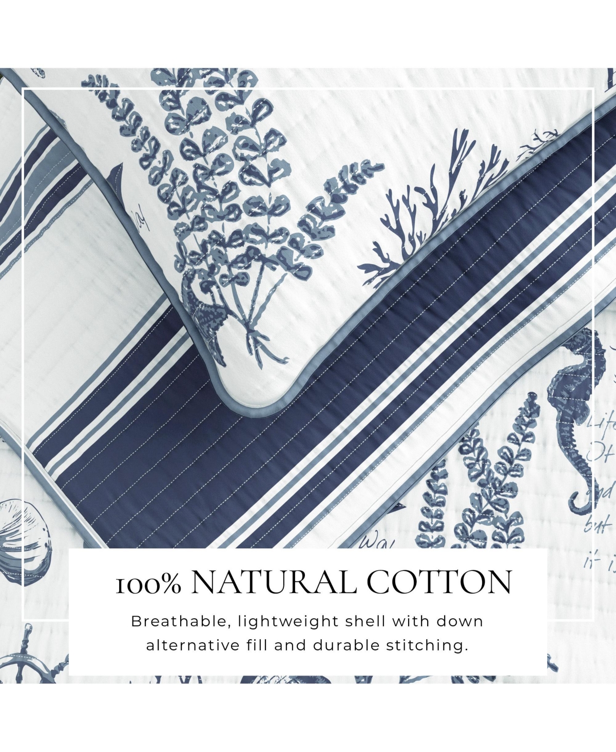 Linery & Co. Cotton Stitched Reversible Coastal 3 Piece Quilt and Sham Set