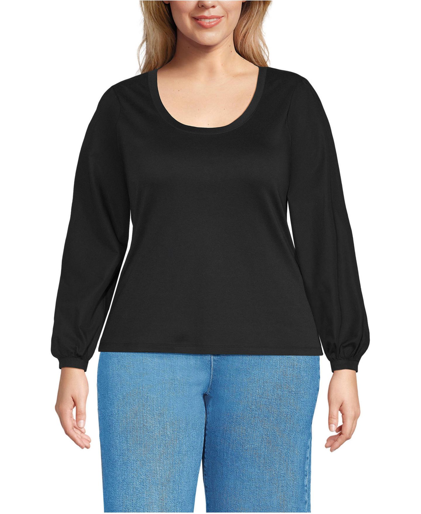 Женский топ Lands' End Plus Size Supima Interlock Scoop Neck Blouson Sleeve, цвет: Чёрный — фото 1