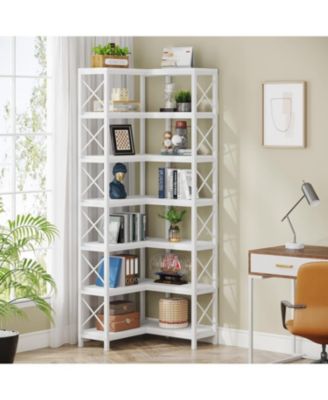 7 Shelf Corner Bookcase, Industrial Large Corner Bookshelf with Metal Frame