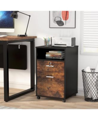 Mobile File Cabinet with Lock, 2 Drawer Wood Filing Cabinet for Letter Size, Modern Printer Stand with Rolling Wheels Open Storage Shelf for Home Office