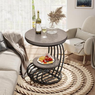 Round End Table: 2 Tiers Faux Marble Side Table, Bedside Nightstand, Metal Arc-Shaped Frame Accent Table