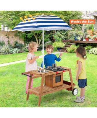Wooden Pull Cart with Adjustable Sunshade Umbrella