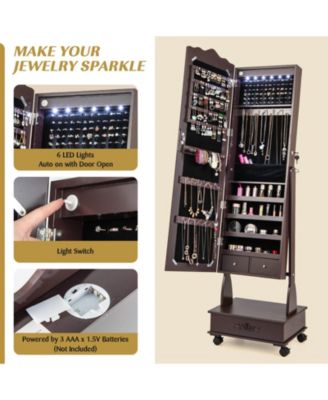 Rolling Floor Standing Mirrored Jewelry Armoire with Lock and Drawers