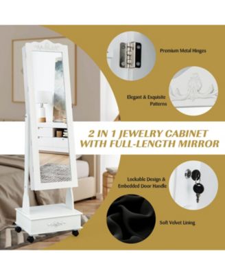 Rolling Floor Standing Mirrored Jewelry Armoire with Lock and Drawers