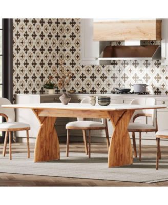 Large Dining Table for 6-8 People, Farmhouse Kitchen Table with Wood Legs, Rectangular Modern White Dinner Table for Dining Room, Living Room, Easy to Assemble