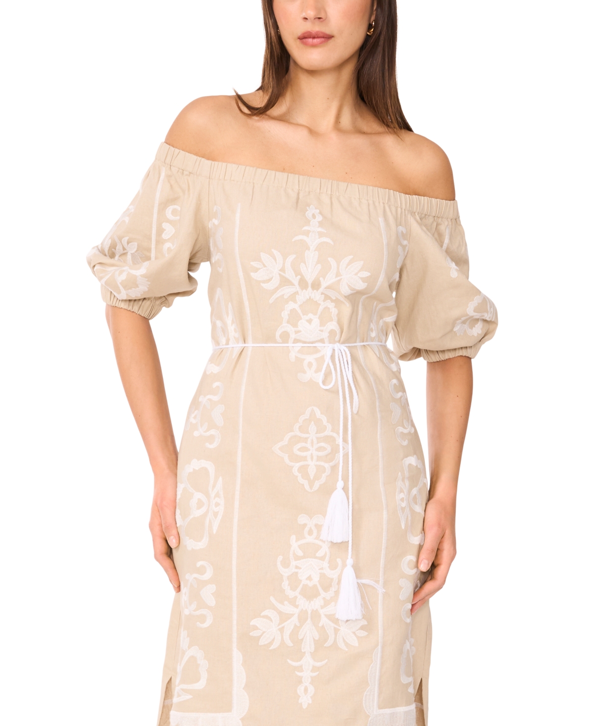 Vince Camuto Embroidered Off The Shoulder Linen Blend Dress In Natural