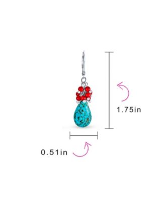 Boho Dangle Earrings with Created Red Coral and Blue Turquoise Teardrop Accents