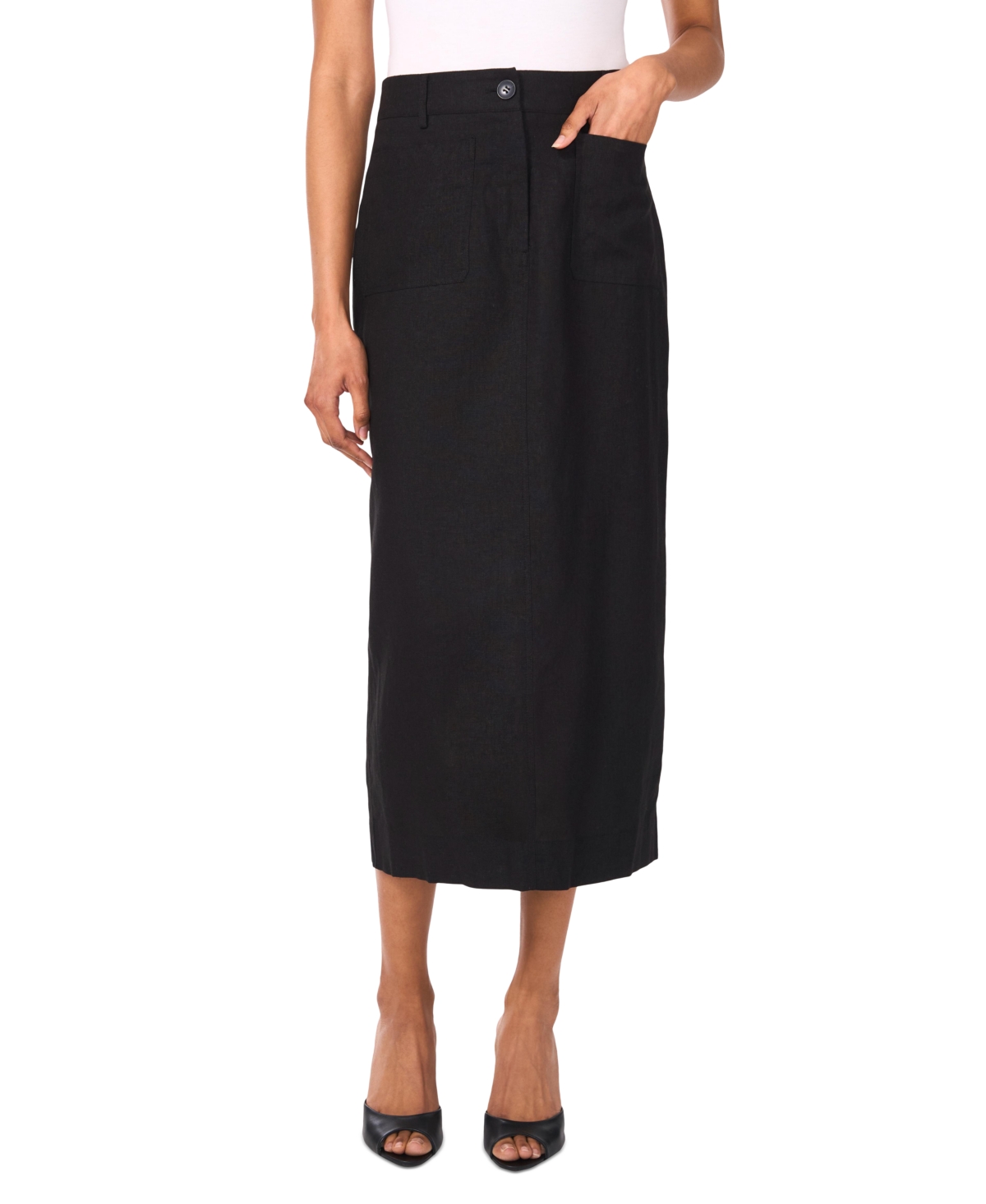 Shop Vince Camuto Women's Linen-blend Patch-pocket Midi Skirt In Rich Black