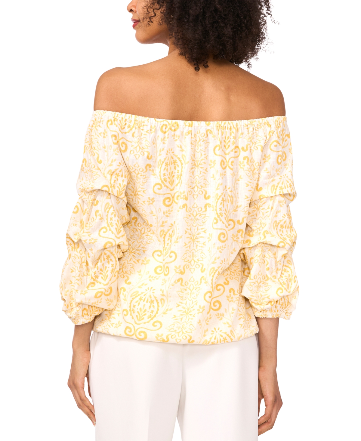 VINCE CAMUTO WOMEN'S PRINTED LINEN-BLEND OFF-THE-SHOULDER BUBBLE 3/4-SLEEVE TIE-FRONT BLOUSE 