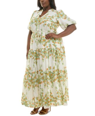 Plus Size Floral Split-Neck Puff-Sleeve Maxi Dress