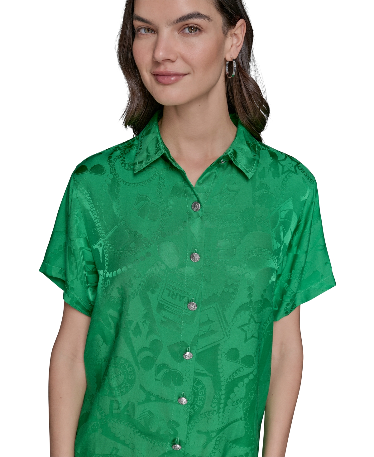 Shop Karl Lagerfeld Women's Short Sleeve Jacquard Button Front Top In Flore Green