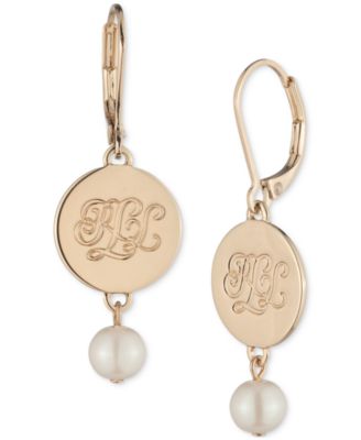 Lauren Ralph Lauren - Gold-Tone Imitation Pearl Logo Double Drop Earrings