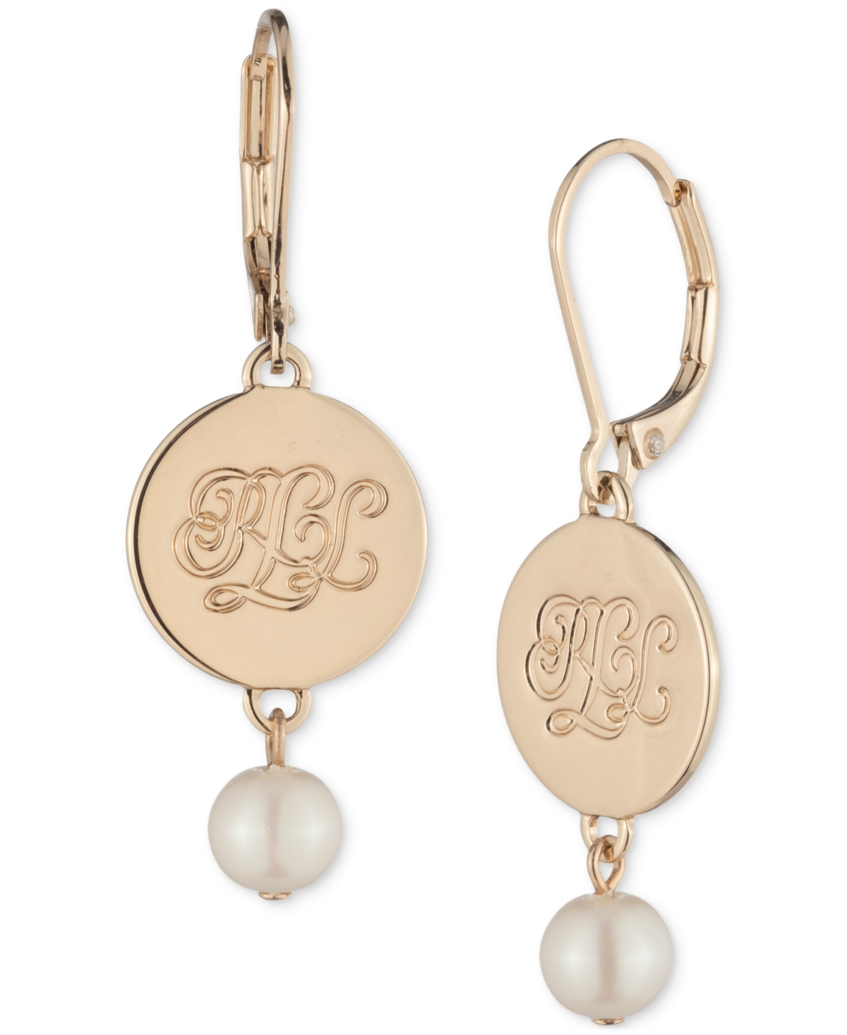 Ralph Lauren Gold-tone Imitation Pearl Logo Double Drop Earrings