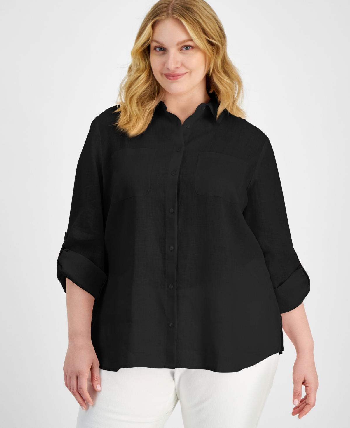 CHARTER CLUB PLUS SIZE 100% LINEN ROLL-TAB SHIRT, EXCLUSIVELY AT MACY'S 
