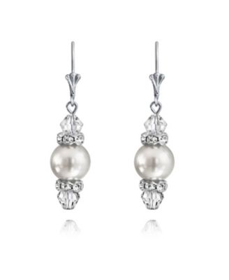 Rondelle Faceted Crystal Dangle Drop Lever Back Imitation Pearl Dangle Earrings .925 Sterling Silver