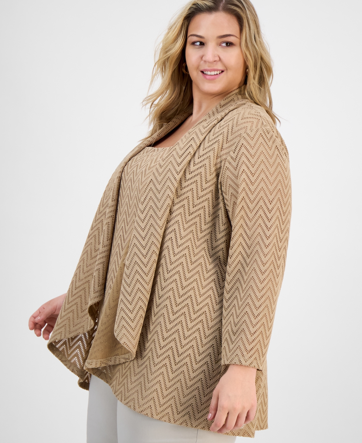 Kasper Plus Size Herringbone Knit High-low Cardigan In Brown
