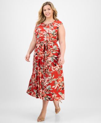 Kasper - Plus Size Pleated Keyhole-Neck Belted Midi Dress