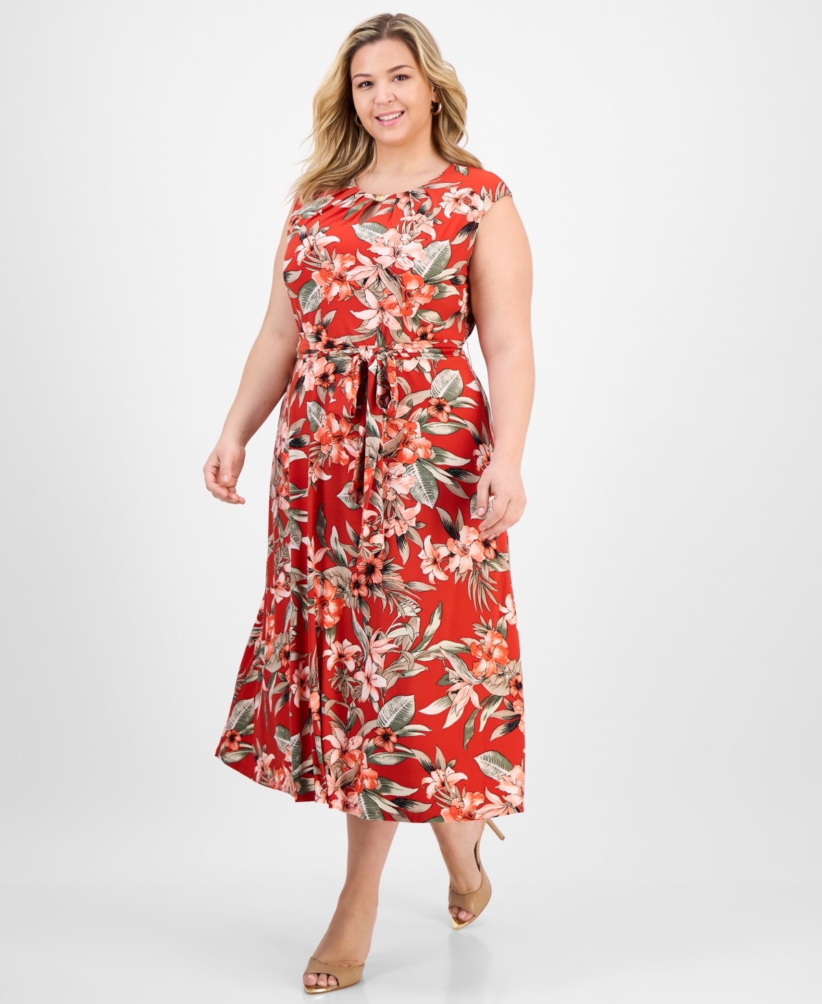 Kasper Plus Size Pleated Keyhole-neck Belted Midi Dress