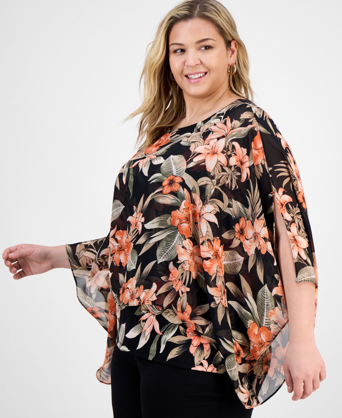 Kasper Plus Size Floral 3/4-sleeve Poncho Top In Multi