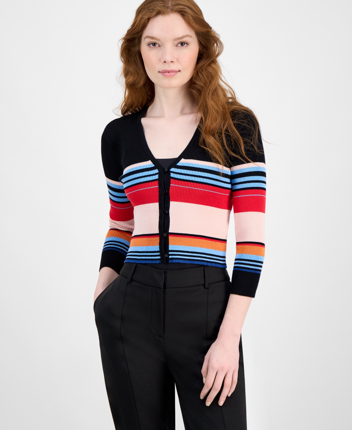 Women's Striped V-Neck 3/4-Sleeve Button Cardigan - Black Road Map