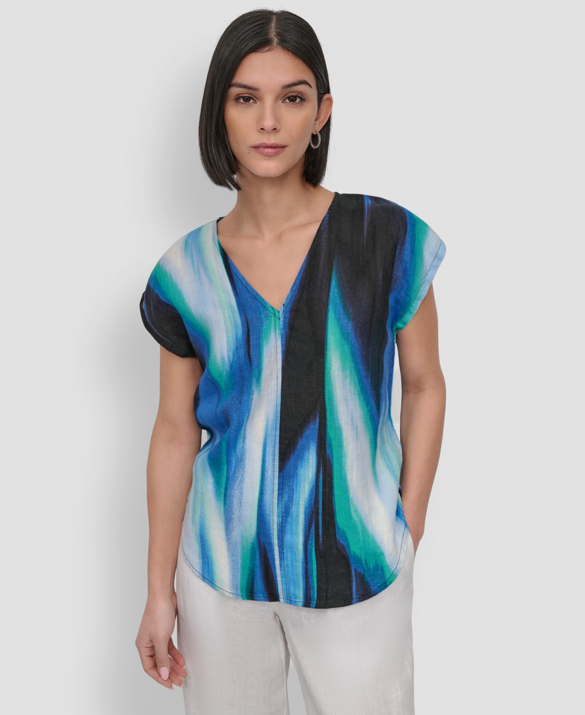 Dkny V-neck Linen Top In Caribbean Multi