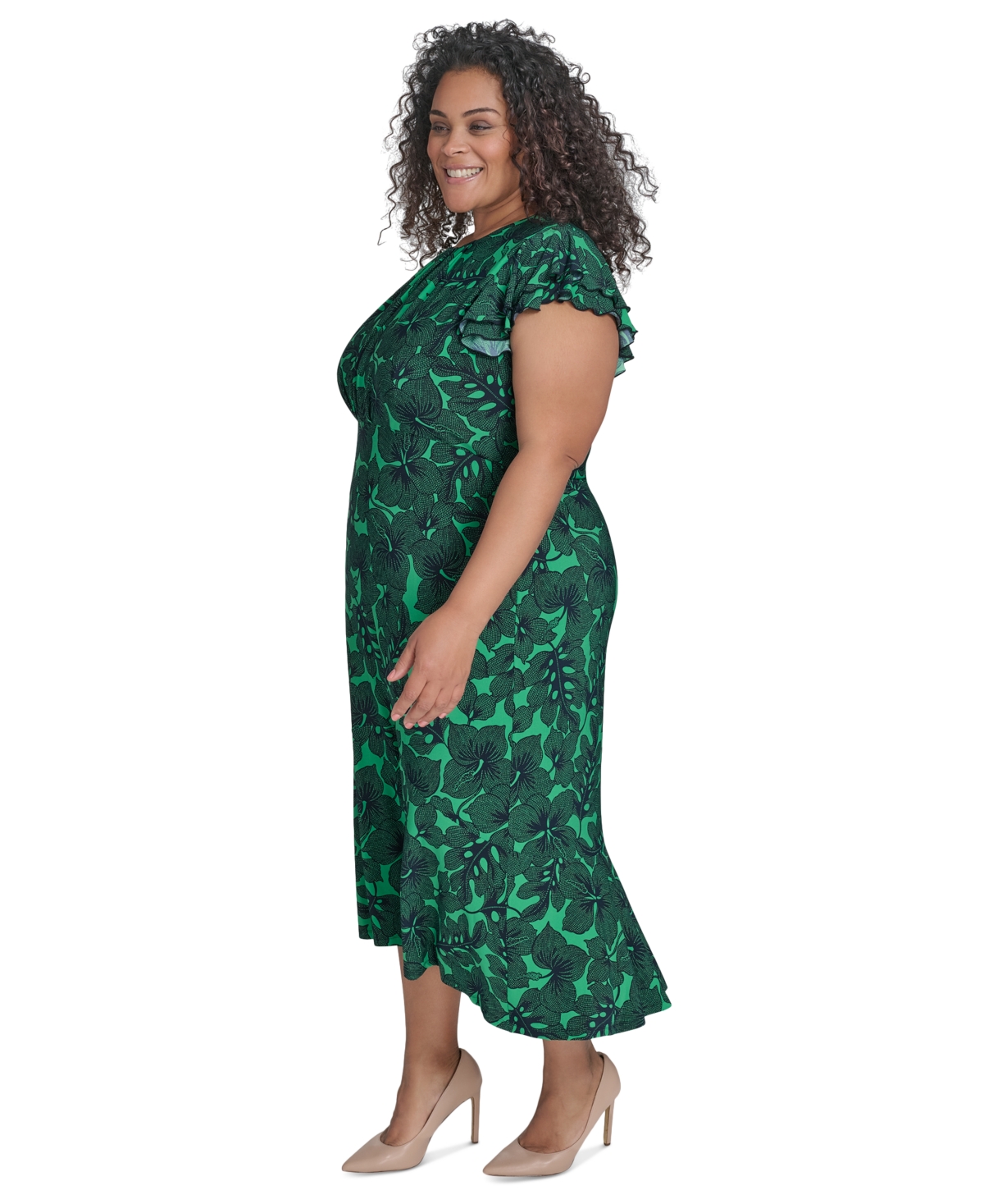Tommy Hilfiger Plus Size Dotty Hibiscus Flutter-sleeve Dress In Parakeet Sky Captain