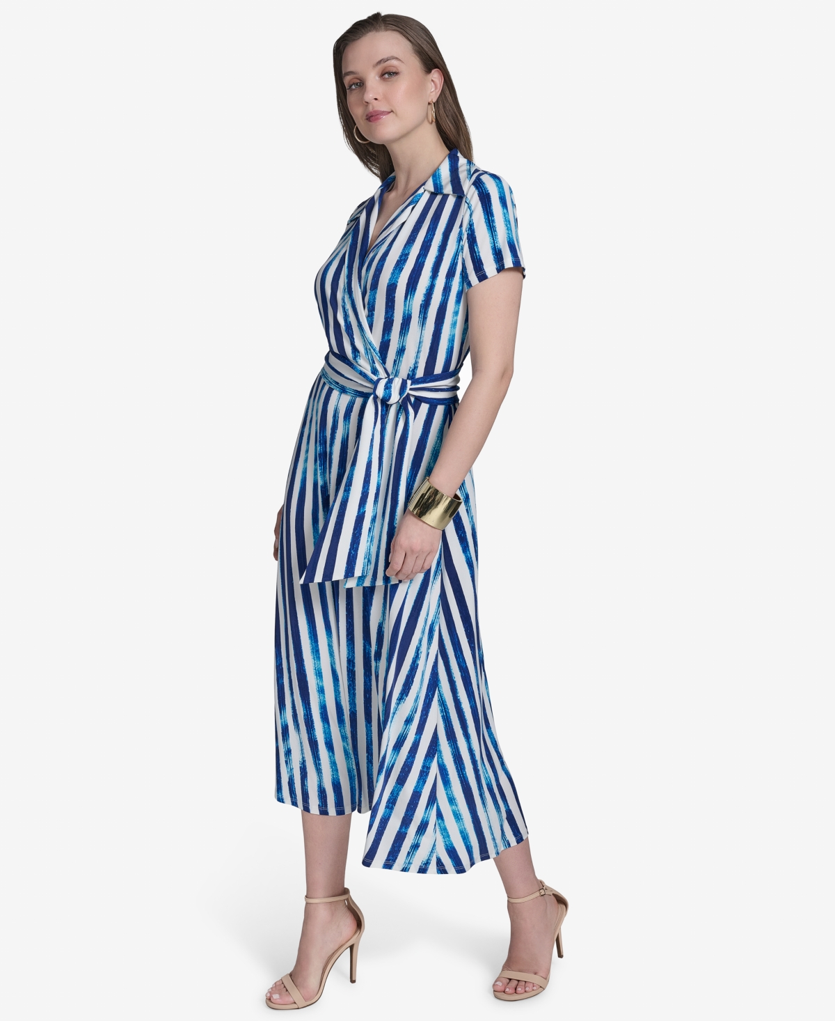 HALSTON WOMEN'S PRINTED SHORT-SLEEVE FAUX-WRAP MIDI DRESS 