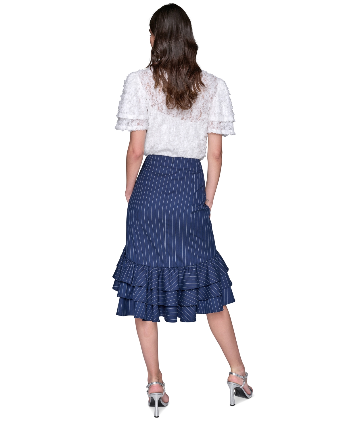 Shop Karl Lagerfeld Women's Pinstriped Asymmetrical Ruffled Skirt In Indigo  Soft White
