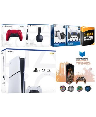 Playstation 5 Slim Disc with Black Pulse Headset, Extra Volcanic Red Controller, FPS Grip Kit, Charge Dock and MightySkins Decal Voucher + 1 Year CPS Extended Warranty