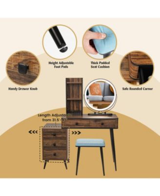 Vanity Table Set with 3-Color Lighted Mirror and Cushioned Stool