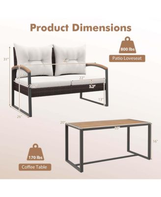 Set of 2 PE Wicker Furniture Set Loveseat w/ Acacia Wood Coffee Table Patio