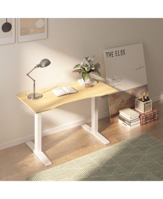 E7-COMMERCIAL 55  W Electric Adjustable Standing Desk, Curved Bamboo Top, White Frame