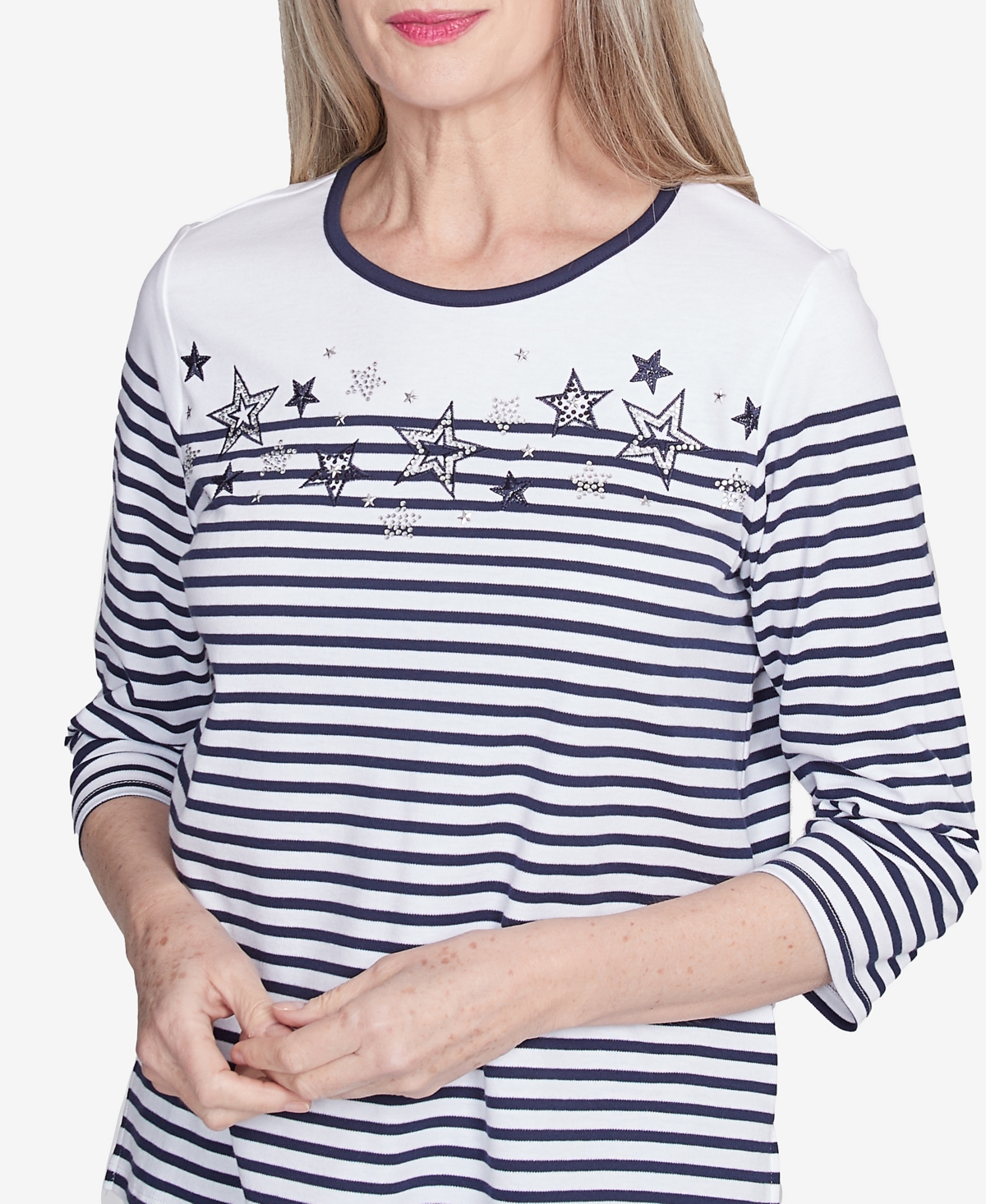 Alfred Dunner Women's Land of The Free Striped Star-Studded Crew Neck Top