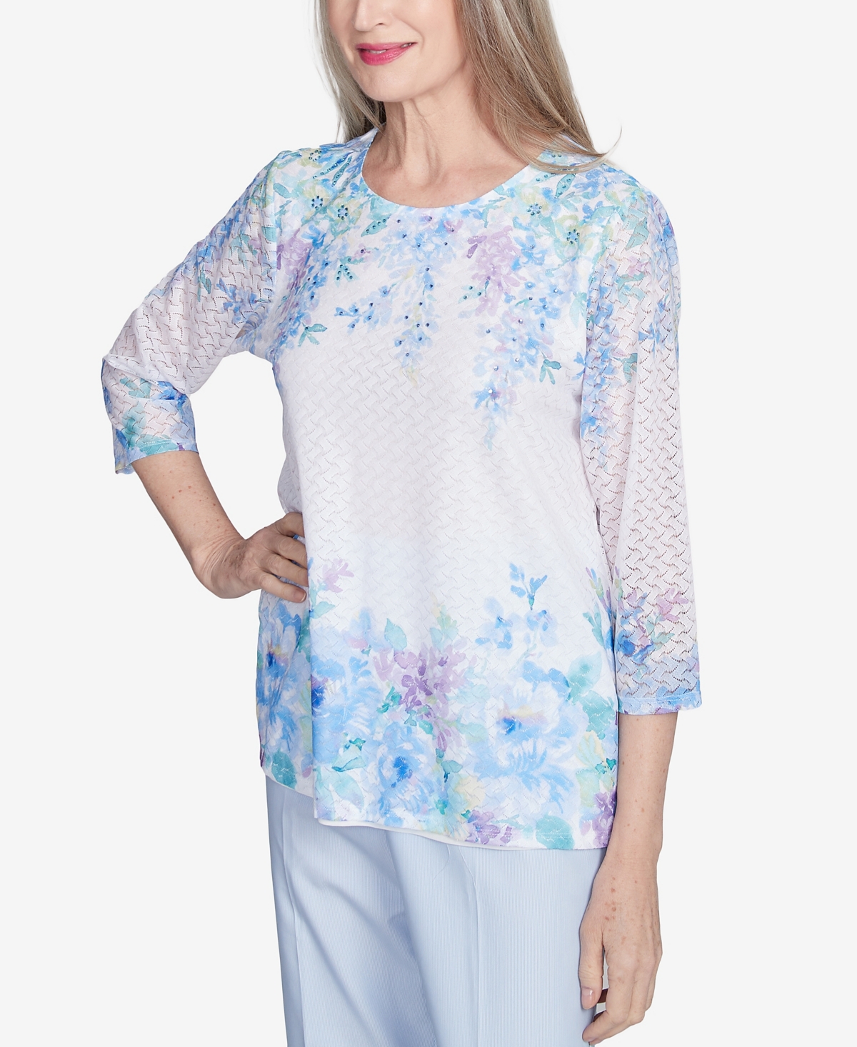 Alfred Dunner Plus Size St. Thomas Textured Sky Blue Floral Border Top In Multi