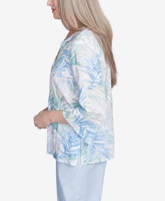 Women's St. Thomas Tropical Embroidered Button Front Collared Neck Top