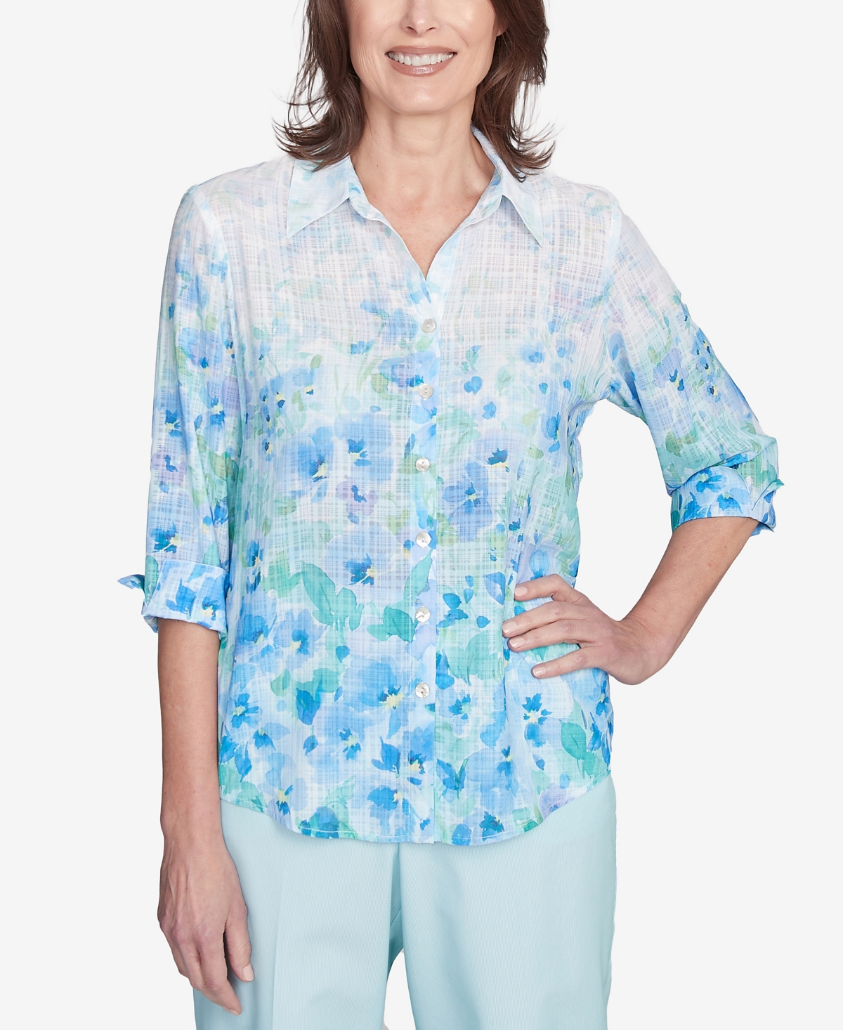 Alfred Dunner Plus Size St. Thomas Border Floral Button Down Top In Multi