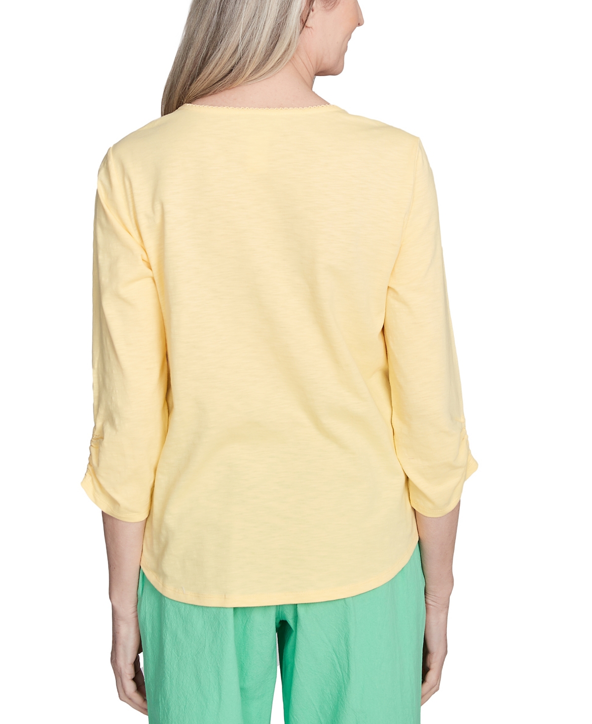 Alfred Dunner Petite Rise Shine Sunny Floral Embroidered Split Neck Top In Green