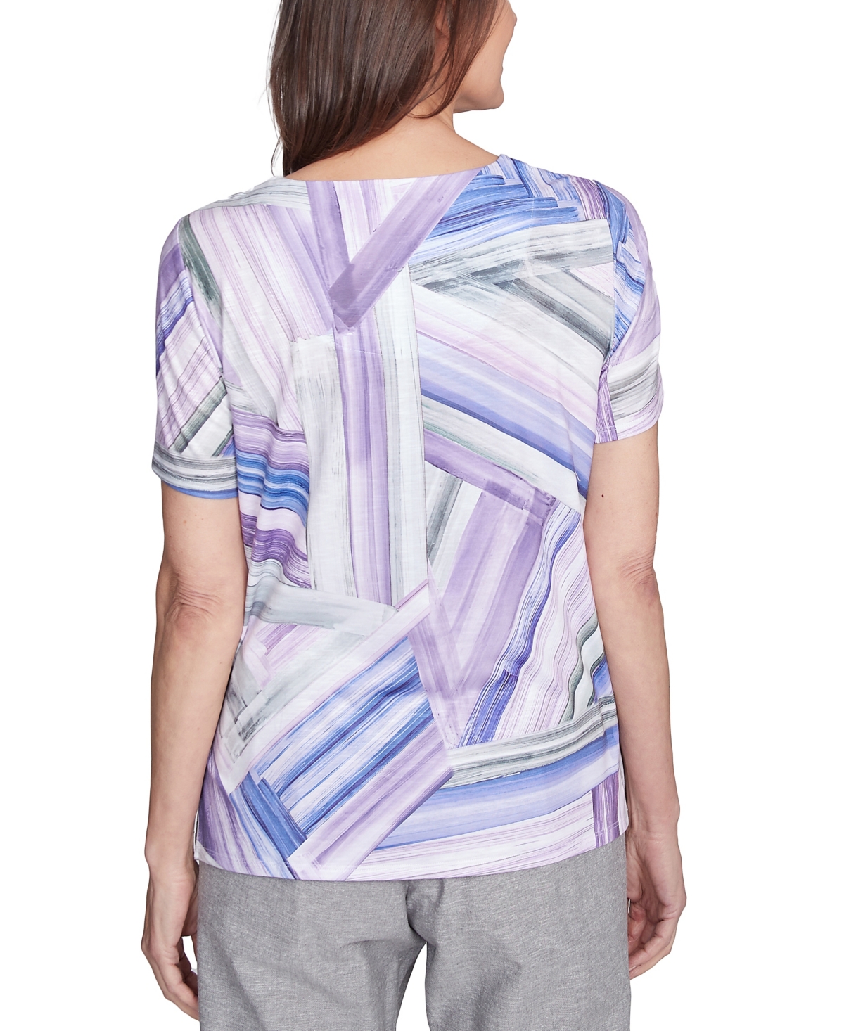 Alfred Dunner Petite Crystal Springs Brushstroke Stained Glass Short Sleeves Top In Lilac Multi