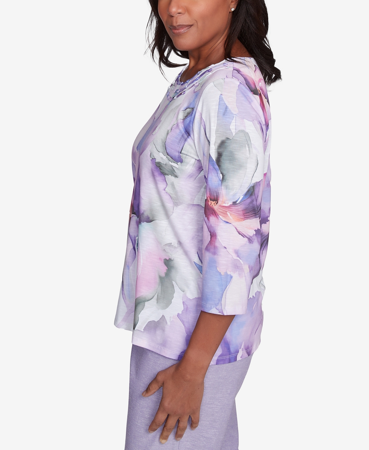 Alfred Dunner Petite Crystal Springs Dramatic Flower Top In Lilac Multi