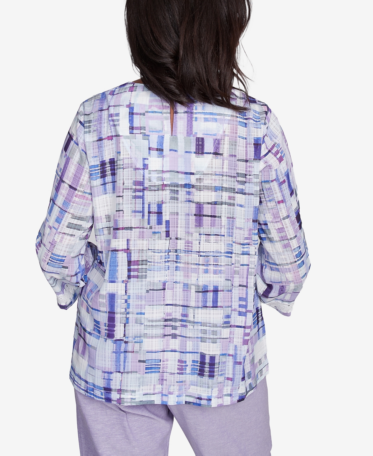Alfred Dunner Petite Crystal Springs Watercolor Plaid Lace Neck Top In Multi