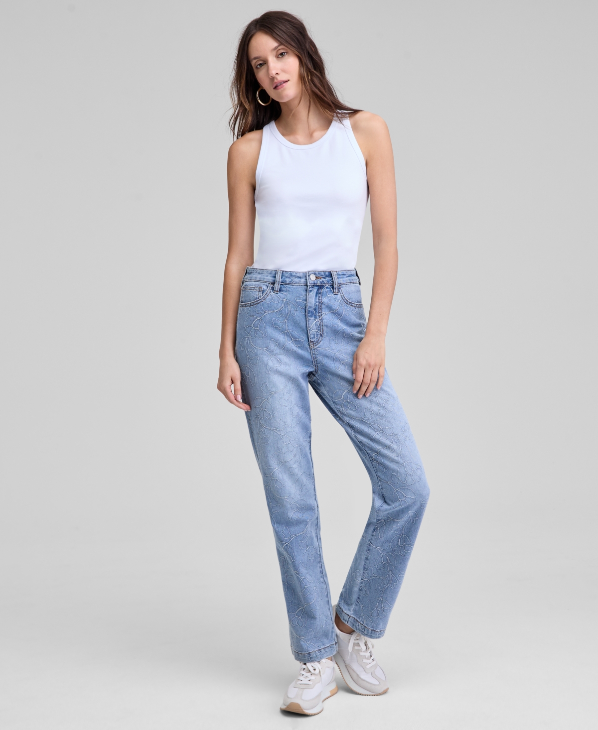 Women's Embroidered Floral High Rise Straight-Leg Ankle Jeans, Exclusively at Macy's - Medium Wash